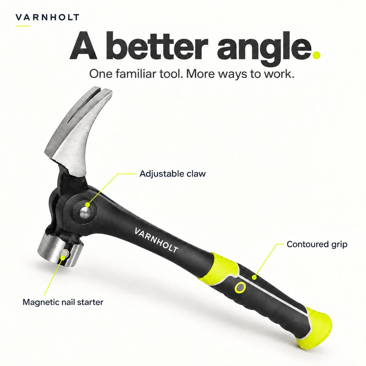 Varnholt adjustable claw hammer with magnetic nail starter and contoured grip