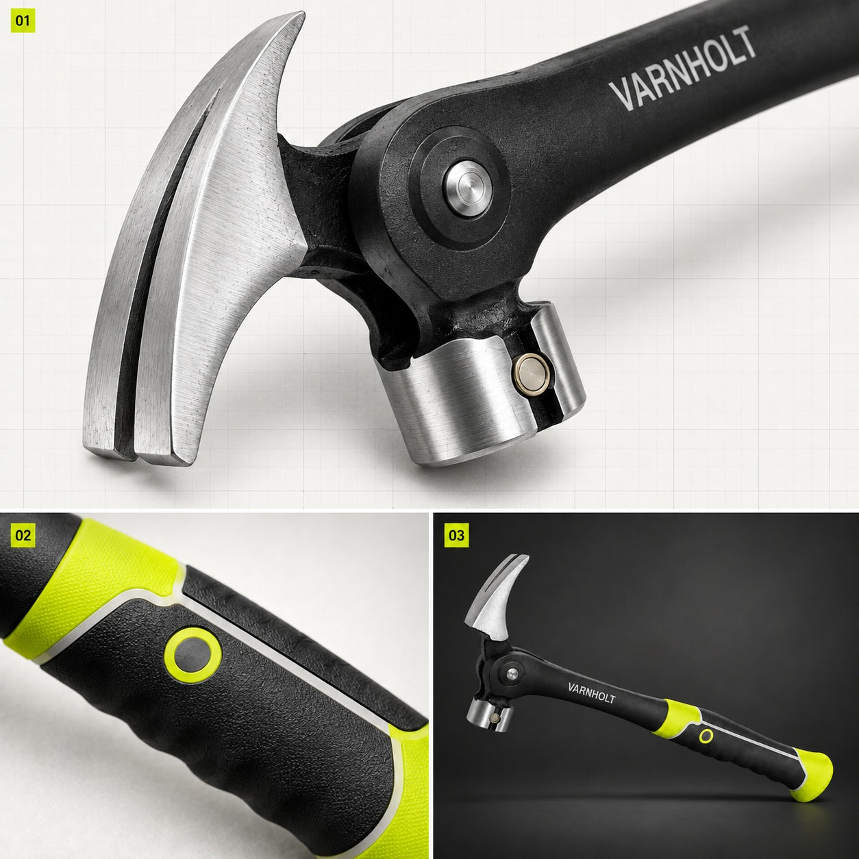 Close-up details of the adjustable claw pivot, magnetic starter and contoured grip